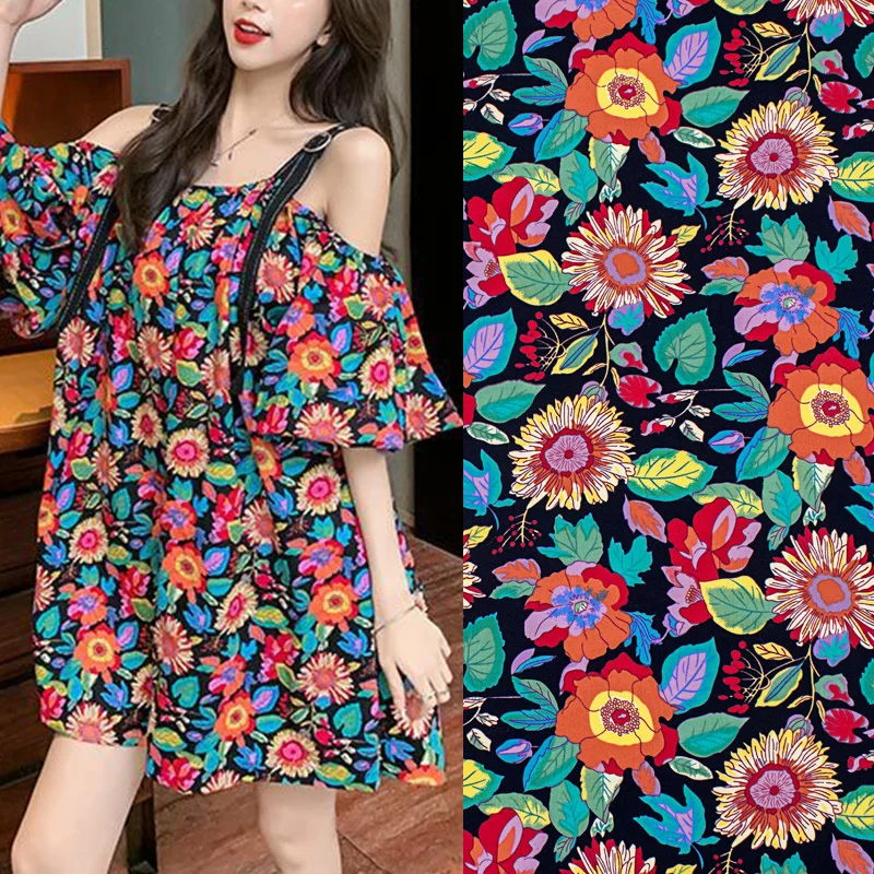 

Black And Colorful Flower Printing Pure Cotton Fabric Tissus Au MÈTre For Dress Постельное Бельё Ткань Sewing Vestidos Платья