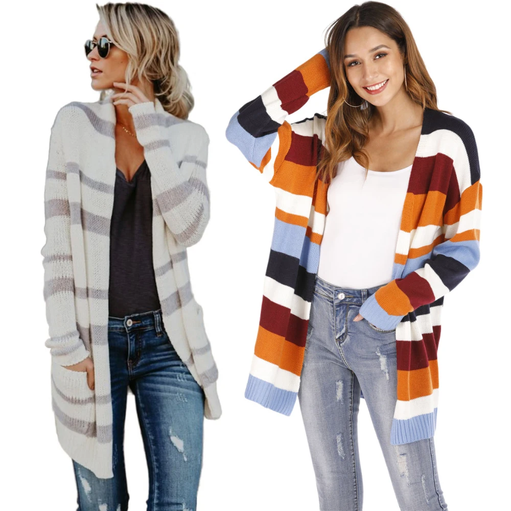 

Long Cardigan Women Fashion Sweater Striped Sweaters Long Sleeve Loose Cardigan Mujer Casual Woman Clothes