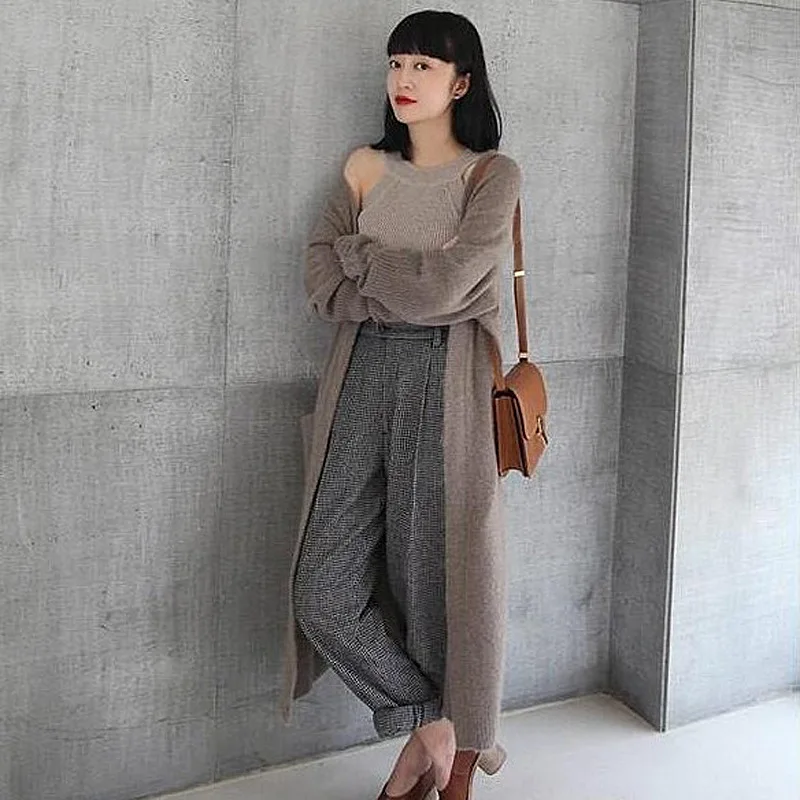 

Autumn and Winter Women's Sweater Long Knitted Cardigan Korean Loose Sweater Coat Solid Color Oversized Pullover Casual Street
