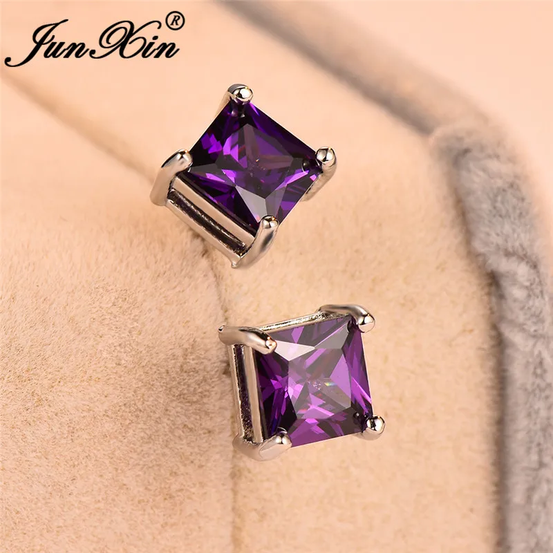 Женские свадебные серьги-гвоздики с фиолетовым кристаллом квадратной огранкой