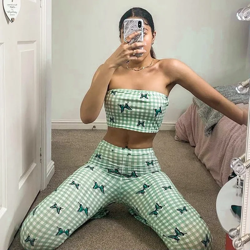 

Женский брючный костюм из 2 предметов, клетчатый топ-труба и брюки-клеш с завышенной талией, в уличном стиле, Y2K