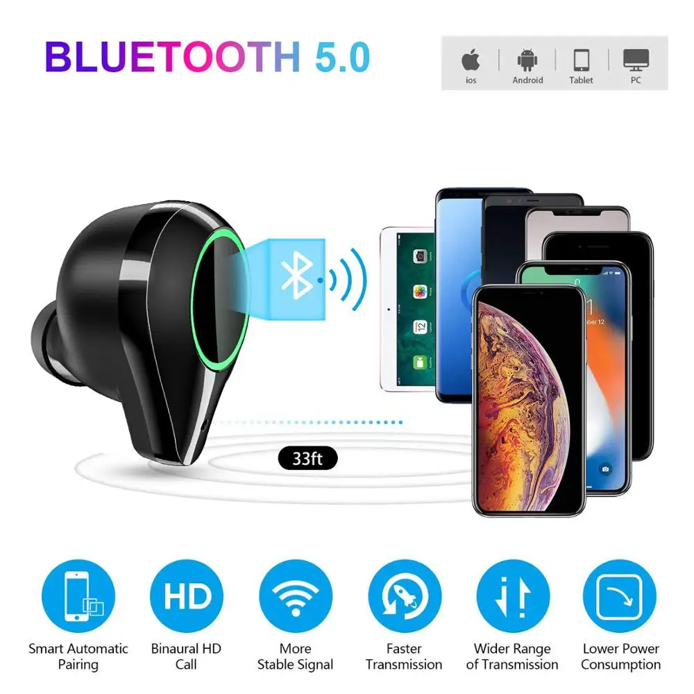 TWS стереонаушники T9 с поддержкой Bluetooth и зарядным устройством на 7000 мА ·