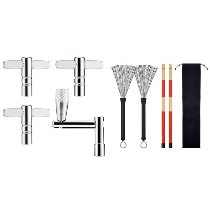 

1 Set Drum Key With Continuous Motion Speed Key & 1 Set Drum Brushes + Rods Drum Brushes Sticks Drum Stick Set