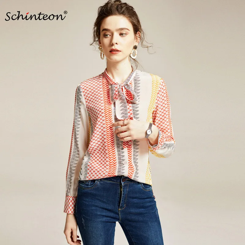 2020 Schinteon Весенняя женская блуза из 100% натурального шелка длинный рукав бант