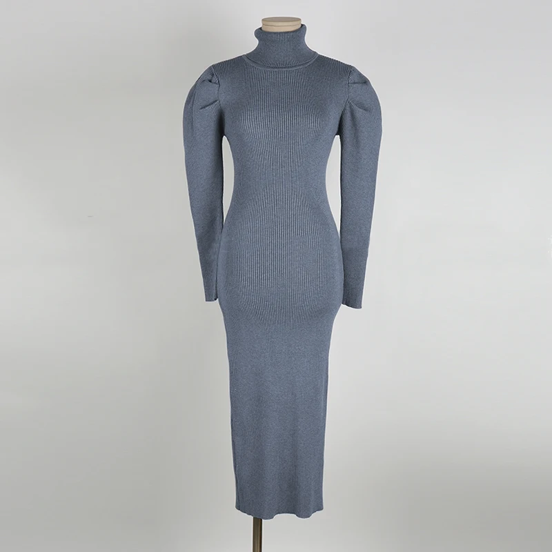

2021 Spring Elegant Women's Turtleneck Thicken Knitted Dresses Slim Mid-calf Casual Dress Vestidos