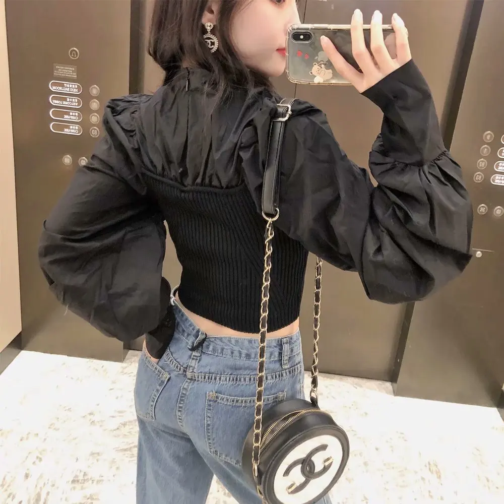 

2020 Autumn New Women's Sweater Patchwork Solid Long Sleeves O-Neck Short Sweater Female Fashion Casual Women Clothes