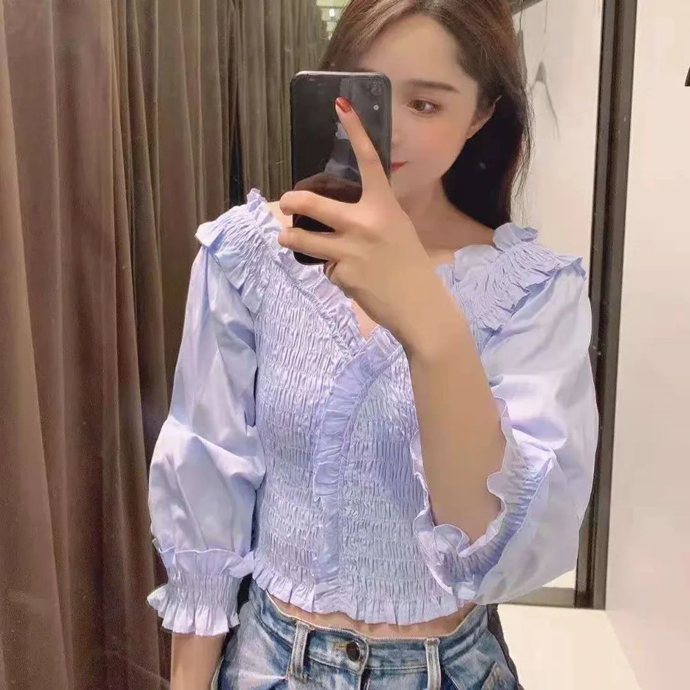 

2021 ZA summer new pleated stretch blouse V-neck sweet blue shirt T-shirt for women 3322485 3322/485