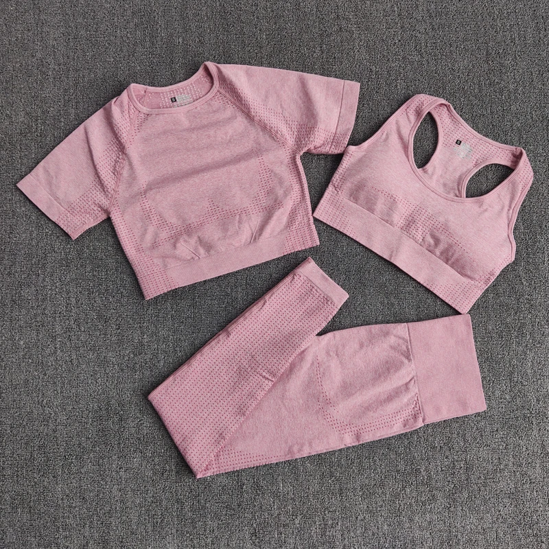 

3PCS Seamless Women's Sportswear Yoga Set Workout Gym Clothing Fitness Short Sleeve Crop Top High Waist Leggings Sports Suits