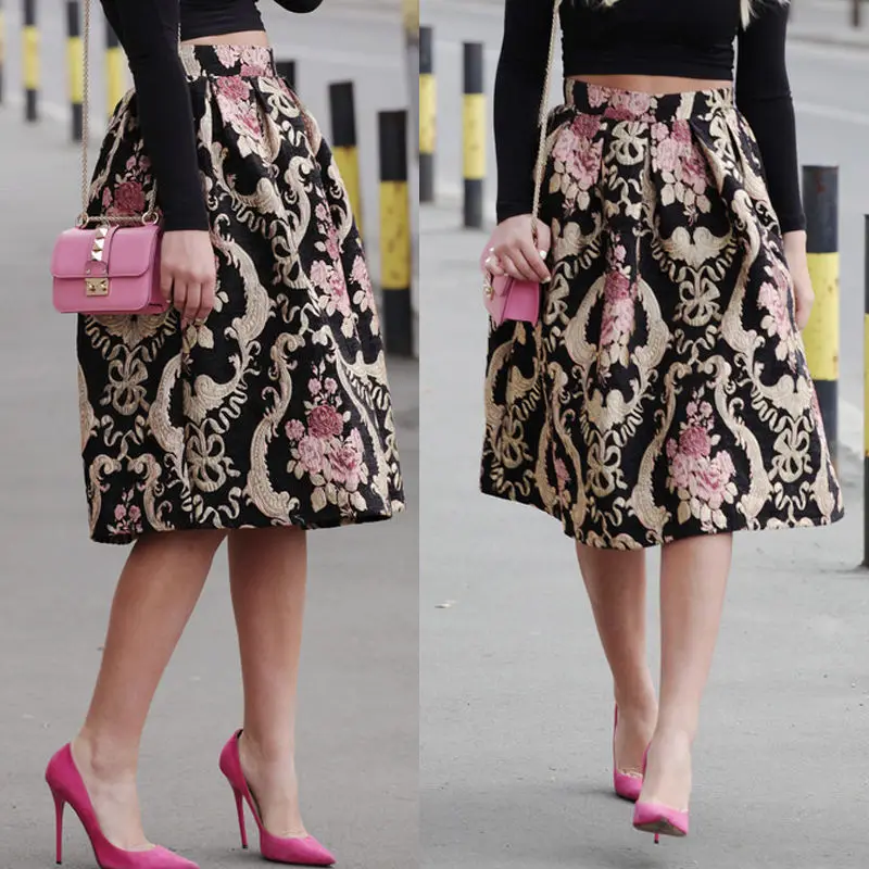

New Fashion Retro Women Floral Print High Waist Skirts Skater Long Skirt Elegant Womens Long Ball Gown Skirts