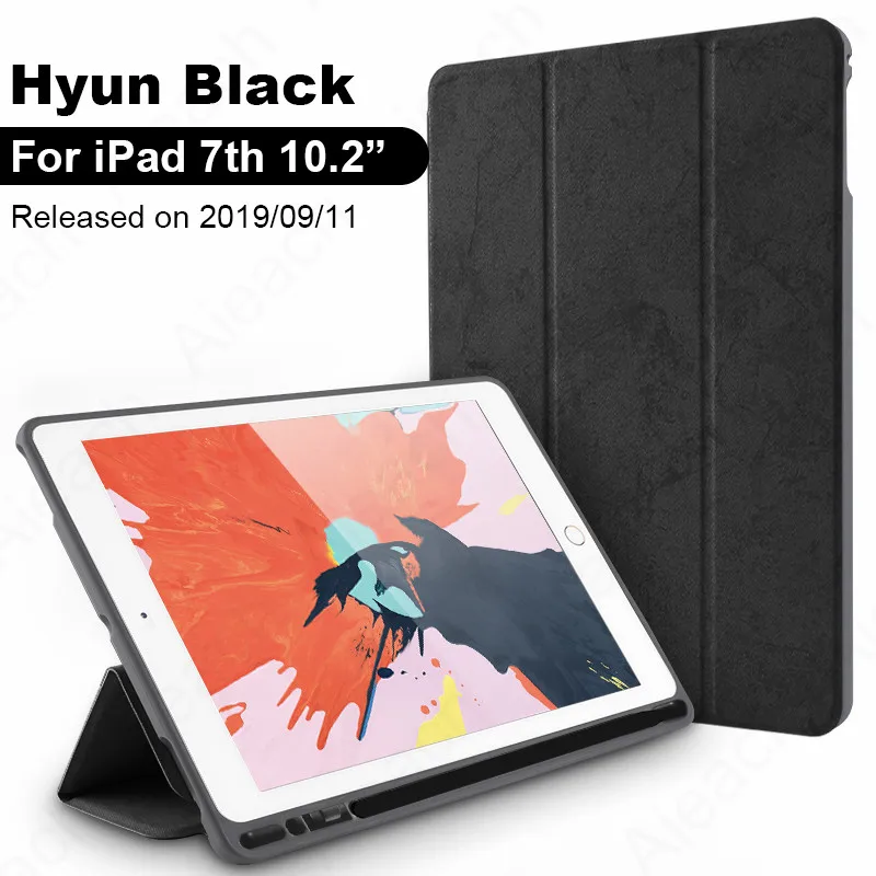 Hyun Black Для iPad 7th 10," Чехол с карандашом держатель ткань Текстура Кожа Мягкий силиконовый чехол для iPad 10,2 чехол Автоматический Режим сна/пробуждения - Цвет: Hyun Black