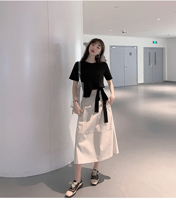 

Kimotimo Solid Short Sleeve T-shirts Design Bandage Small Loose O-Neck Women Tops 2021 Summer Ins Fashion Casual All-match