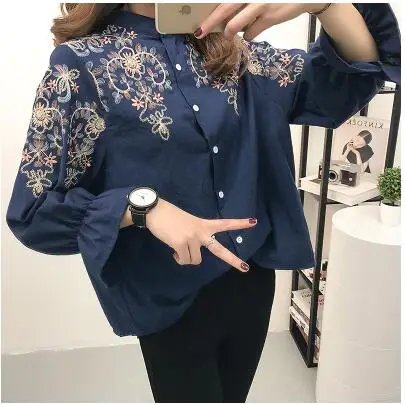 Korean Woman Blouse 2019 Long Lantern Sleeve Stand Collar Shirt Floral Embroidery Tops Kimono Causal Kawaii Blusas AF140 | Женская