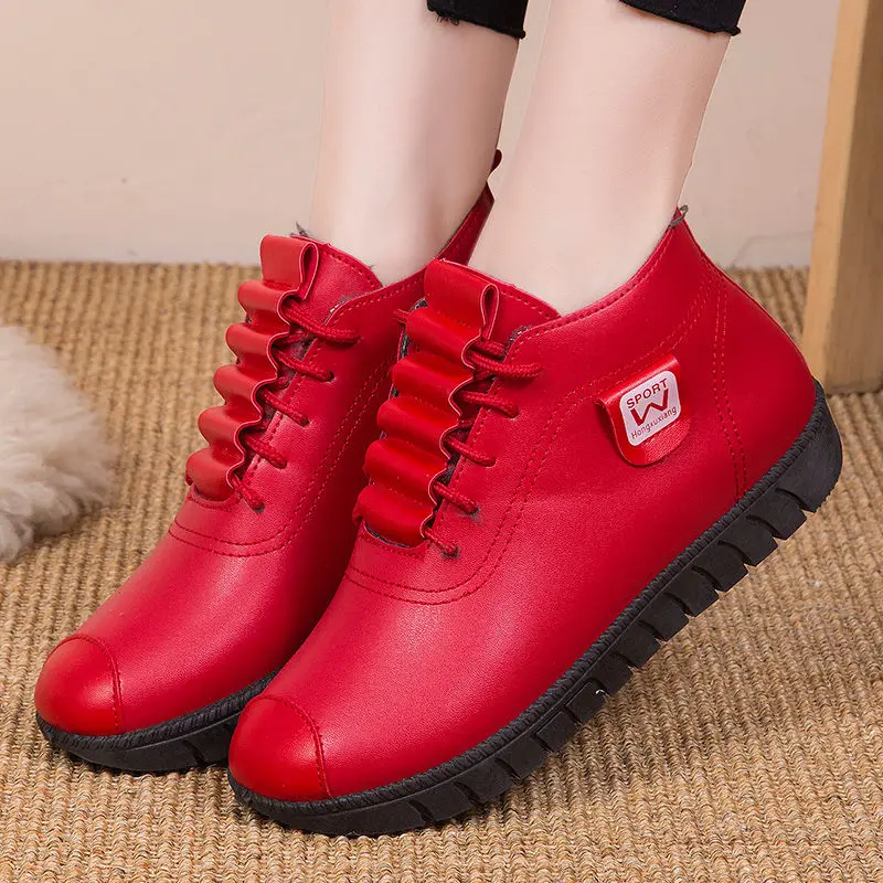 Красные ботильоны Женская зимняя кожаная обувь Мягкие Водонепроницаемые