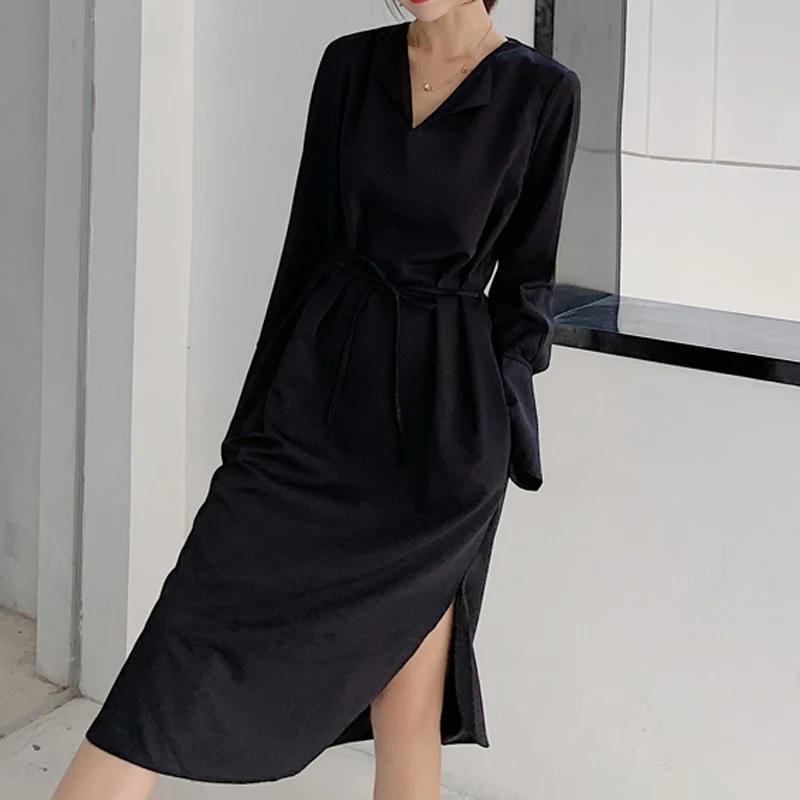 

Sexy Women Dresses Summer 2021 Long Sleeve V-Neck Balck Casual Dress Plus Size Women Clothing Vintage Elegant Robe Chic Femme