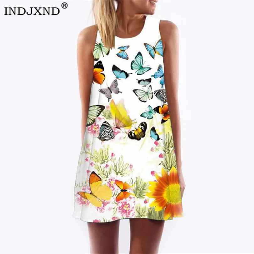 

INDJXND Summer Sexy Dress Woman Dresses Sleeveless Vintage Printed Round Neck Print Tree Hot Sale Women Clothes Casual Femme