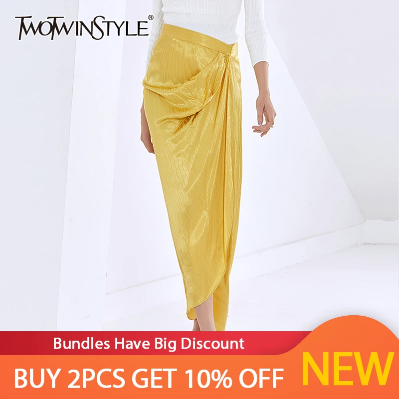 

TWOTWINSTYLE Elegant Silk Striped Ruched Asymmetrical Party Pencil Skirt For Women 2021 Summer High-waisted Long Skirts Female