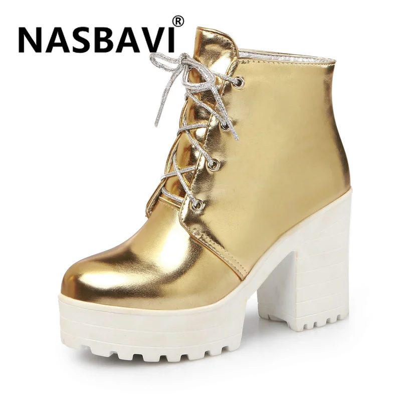 

NASBAVI new fashion PU contracted Europe and America British style lacing Thick bottom high heel Solid color winter short boot