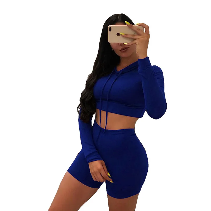 

2 pieces Set Women Casual Tracksuit 2020 Women Long Sleeve Drawstrings Hooded Sweatshirt Pullovers Tops High Waist Biker Shorts