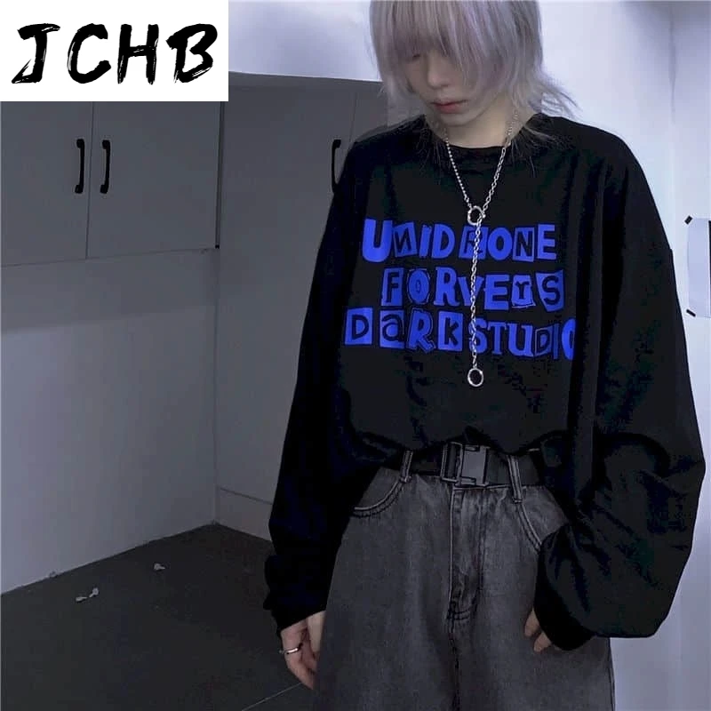 

2021 Spring/autumn Punk Tshirt Women t Shirt New Ins Long-sleeved T-shirt Dark Letter Printing Female Student Korean Loose Cloth