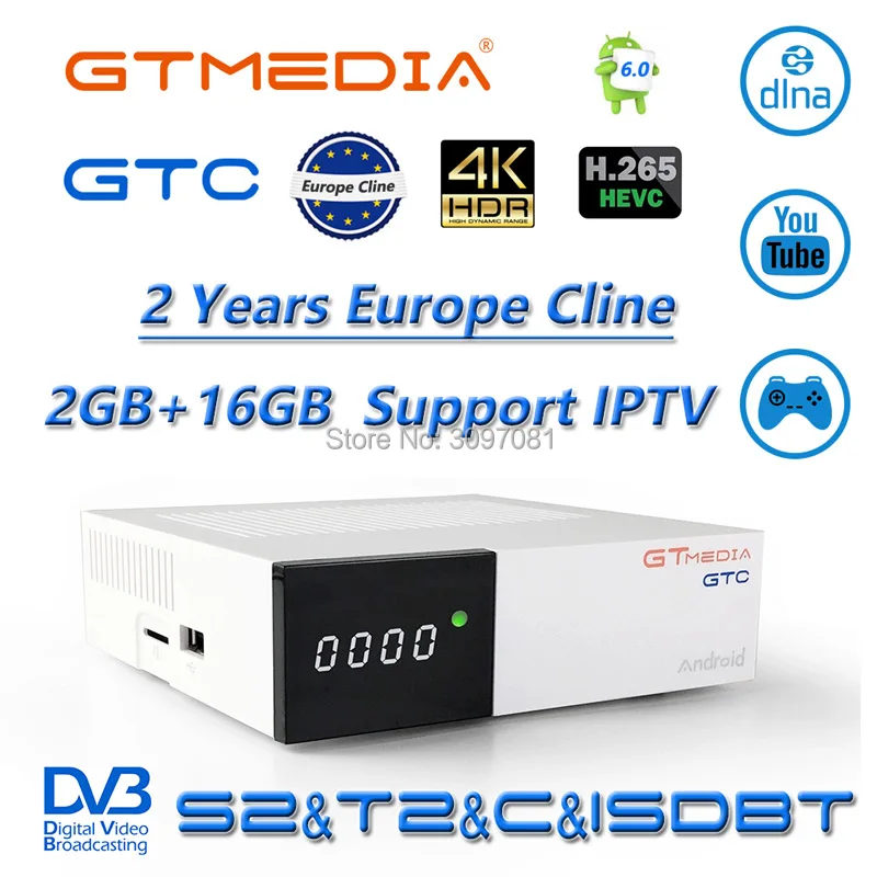 with 2 years cline Freesat GTmedia GTC ТВ Receiptor спутниковый ТВ приемник DVB-S2 DVB-T2 DVB-C с IP ТВ M3U подписки CCcam цлайн Android ТВ коробка - Цвет: with 2 years cline