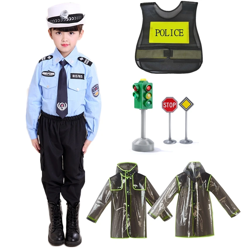 

Kids Traffic Police Officer Military Uniforms Cosplay Costume Policeman Set Halloween Carnival Party Cops Role Play Outfits Wear