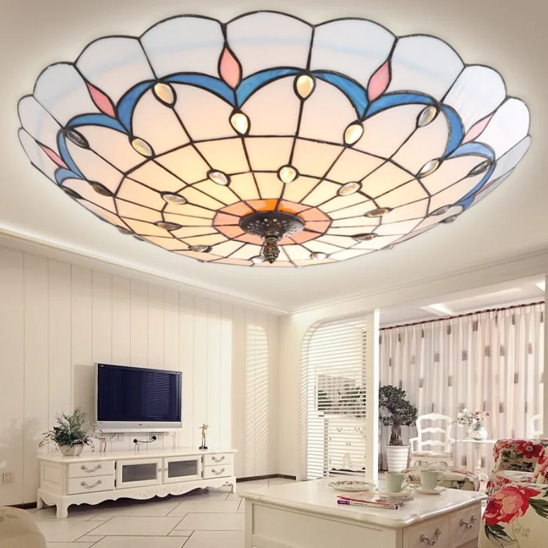 Fashion tiffany colorful glass iron led ceiling light vintage Peacock home deco living room tin solder handmade ceiling lamps