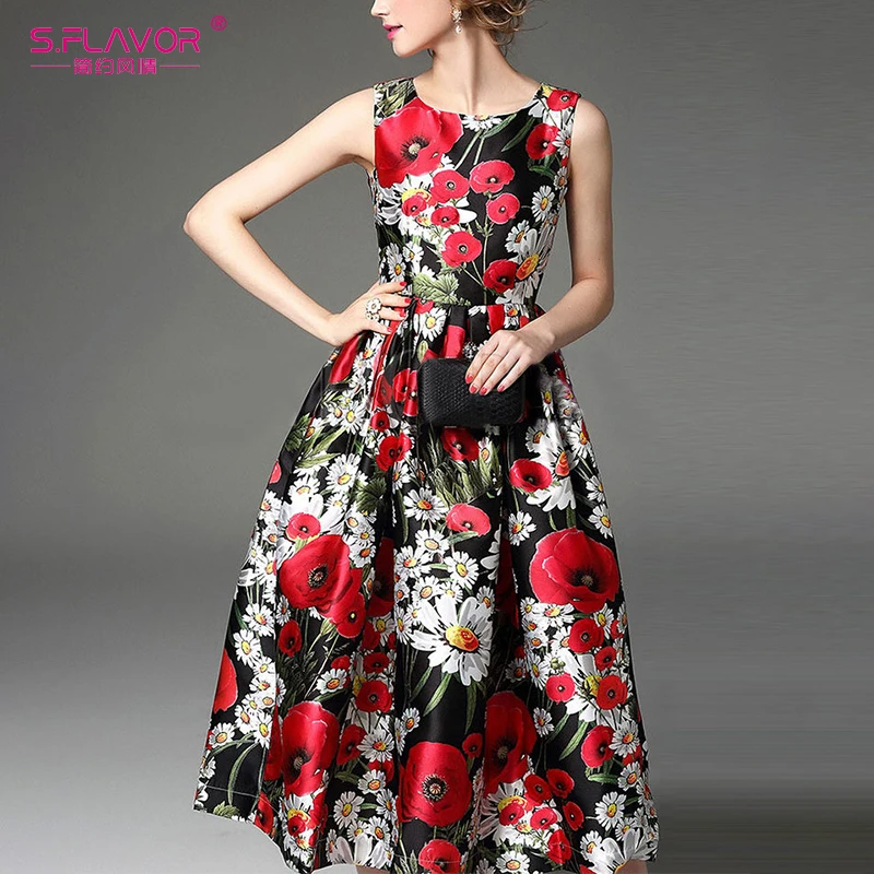 

S.FLAVOR 2022 Summer Fashion Vintage Floral Print Dress Women Casual Sleeveless A Line Party Vestidos Slim Female O Neck Dress