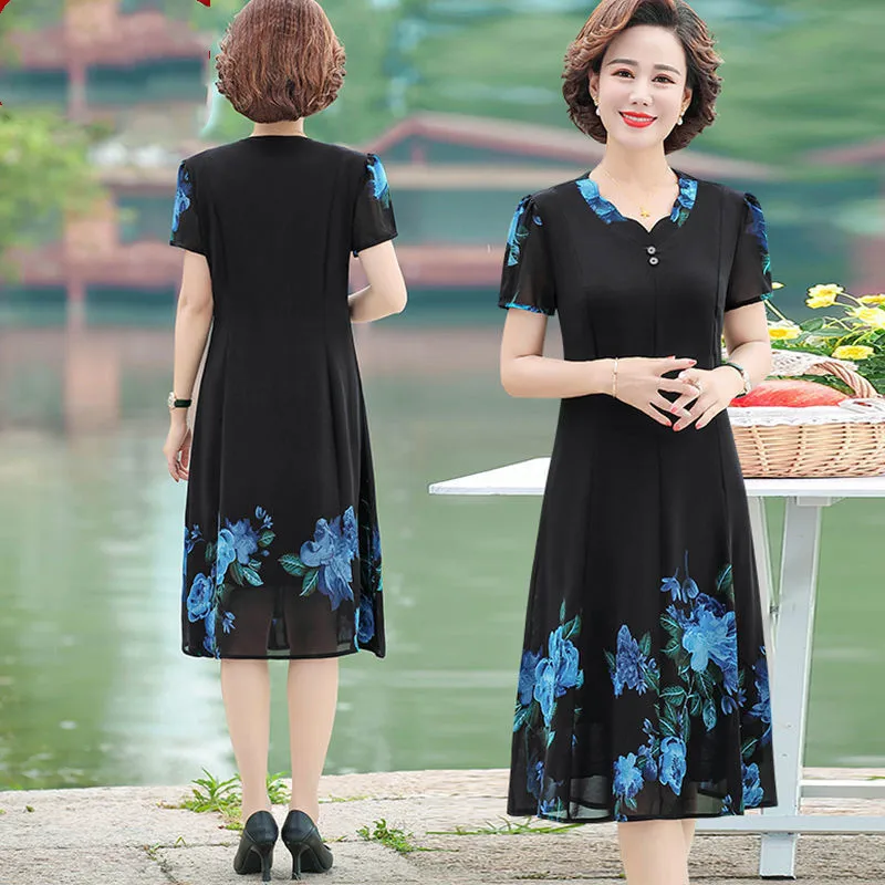 Женское шифоновое платье с принтом элегантное коротким рукавом для женщин