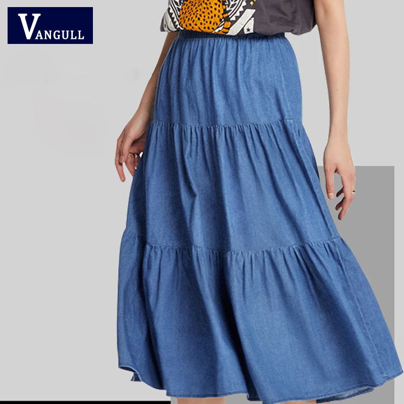 

Женская джинсовая юбка с высокой талией Vangull, Весенняя однотонная джинсовая юбка трапециевидной формы с эластичным поясом в стиле Харадзюк...