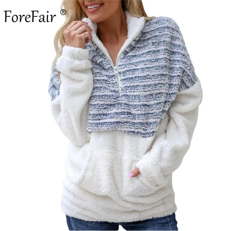 Forefair/плюшевая Толстовка в полоску; женские зимние пуловеры с длинным рукавом и высоким воротом; большие размеры; искусственный мех; теплые толстовки; коллекция года; сезон осень - Цвет: Blue Sweatshirt