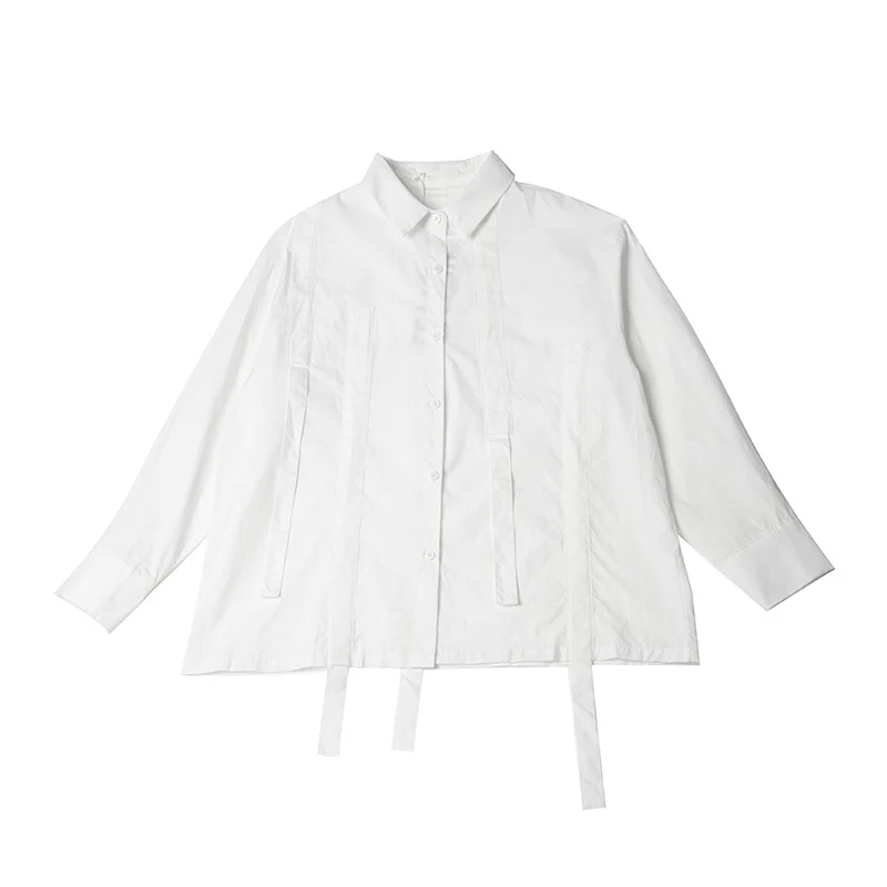 

CHICEVER White Shirts For Women Lapel Long Sleeve Patchwork Drawstring Lace Up Ruched Designer Casual Blouses Female 2020 Tide