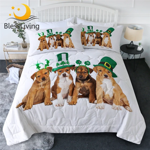 BlessLiving Dog Summer Bedspread St. Patrick's Day Bedding 3 Pieces Green Hat Thin Duvet Lucky Shamrocks Quilt Green Home Decor 1