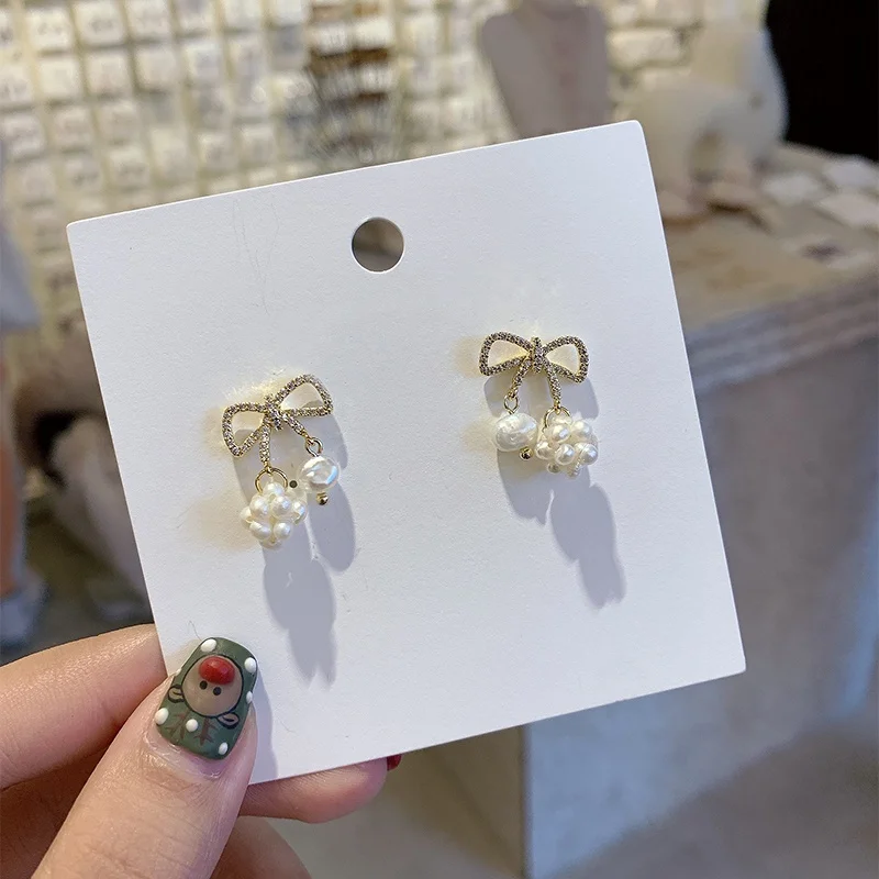 

MENGJIQIAO 2020 New Rhinestone Asymmetric Freshwater Pearl Bowknot Drop Earrings For Women Elegant Brincos Pendientes Jewelry