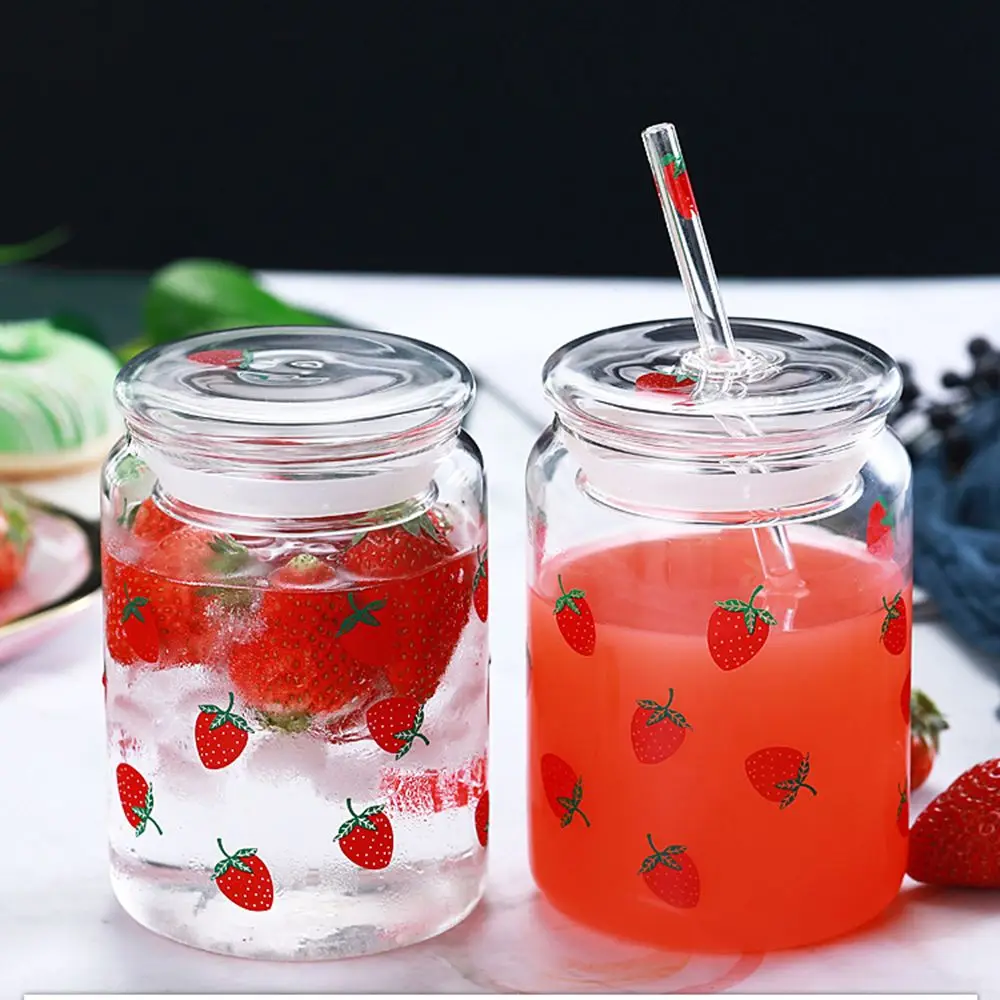 

Бутылка для воды большой емкости с соломинкой, милая бутылка для воды, стеклянная термостойкая чашка с клубничкой и крышкой, стеклянная бут...