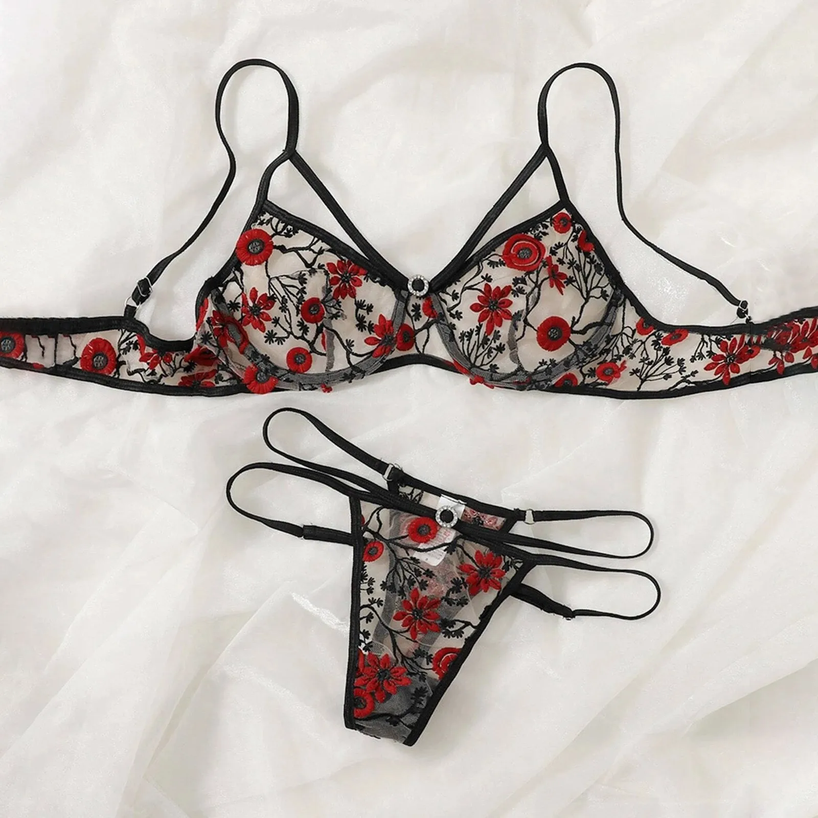 

Sexy Lingerie Sensual Woman Floral Embroidery Women's Underwear With Steel Ring Bra G-String Erotic Costumes Lace Sexy Lingerie