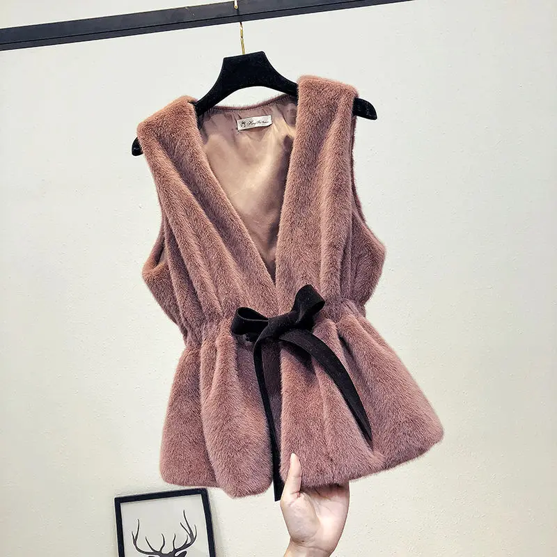 

2020 Winter Warm Women Faux Mink Fur Vest Jackets Fake Fleece Fur Sleeveless Slim Coat Tops Outerwear With Belt C114