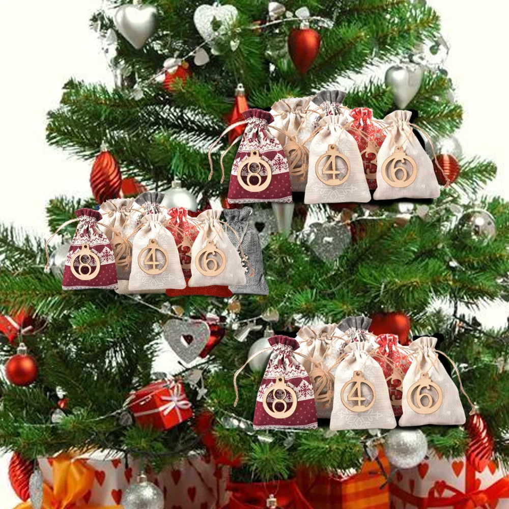 24pcs Digital Christmas Drawstring Burlap-bag Advent Calendar Countdown Gift Candy Biscuit Chocolate Packaging Bag Pendant Toy | Игрушки и