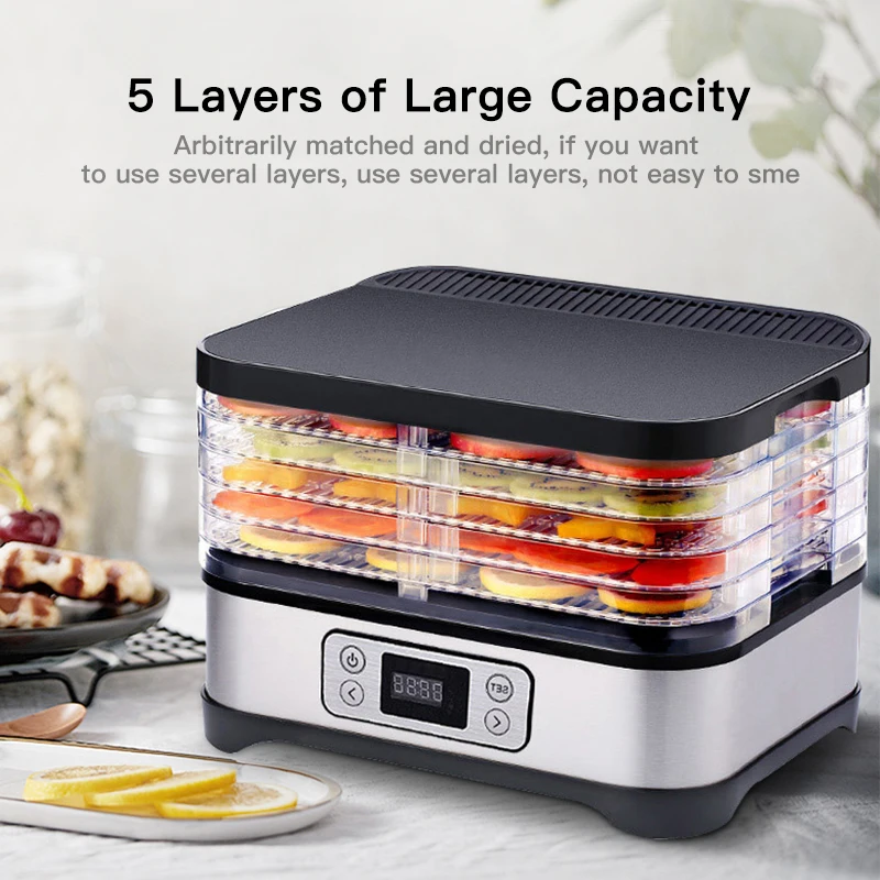 

Five-layer Food Dehydrator Adjustable Temperature 250W Brushed Stainless Steel Plastic Trays Suitable Vegetables Fruits Meat HWC