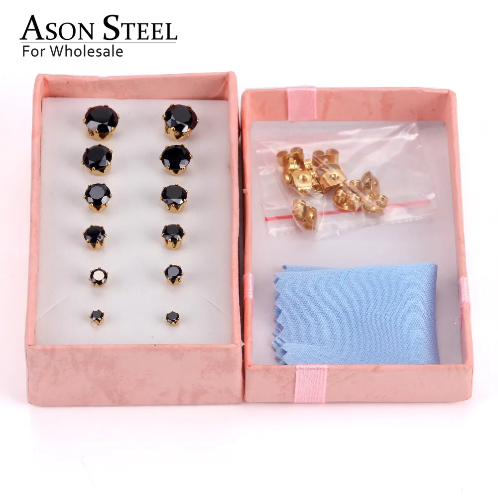 ASON, стальные серьги-гвоздики для женщин, розовый цвет, Круглый AAA кристалл, 6 пар/кор., набор сережек, нержавеющая сталь, Mujer Bijoux, подарок для любви