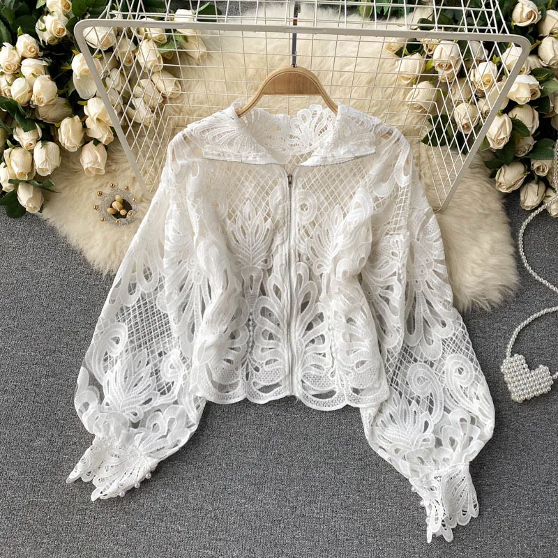 

Sexy Hollow Out Lace Blouses Spring Stand Collar Red Black White Pink Blouses Women's Lantern Sleeve Elegant Short Shirts Tops