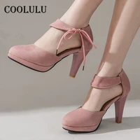 coolulu two piece women shoes extreme high heels platform spike heel dress pumps lace up ladies footwear spring pink big size 48