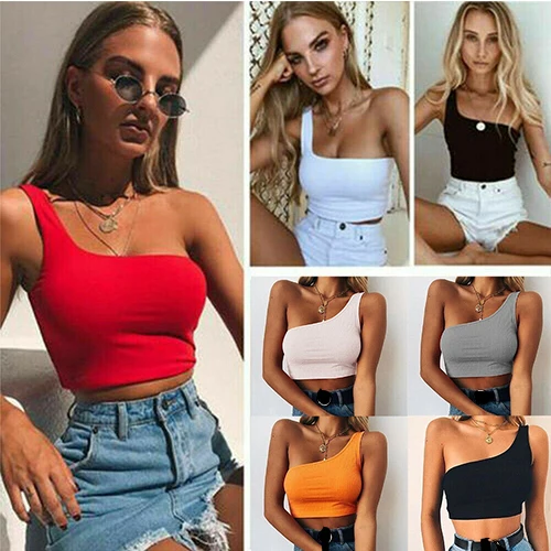 Sleeveless T-Shirt Women Crop Top Sexy Cool One Shoulder Tank Tops Summer Beach | Женская одежда