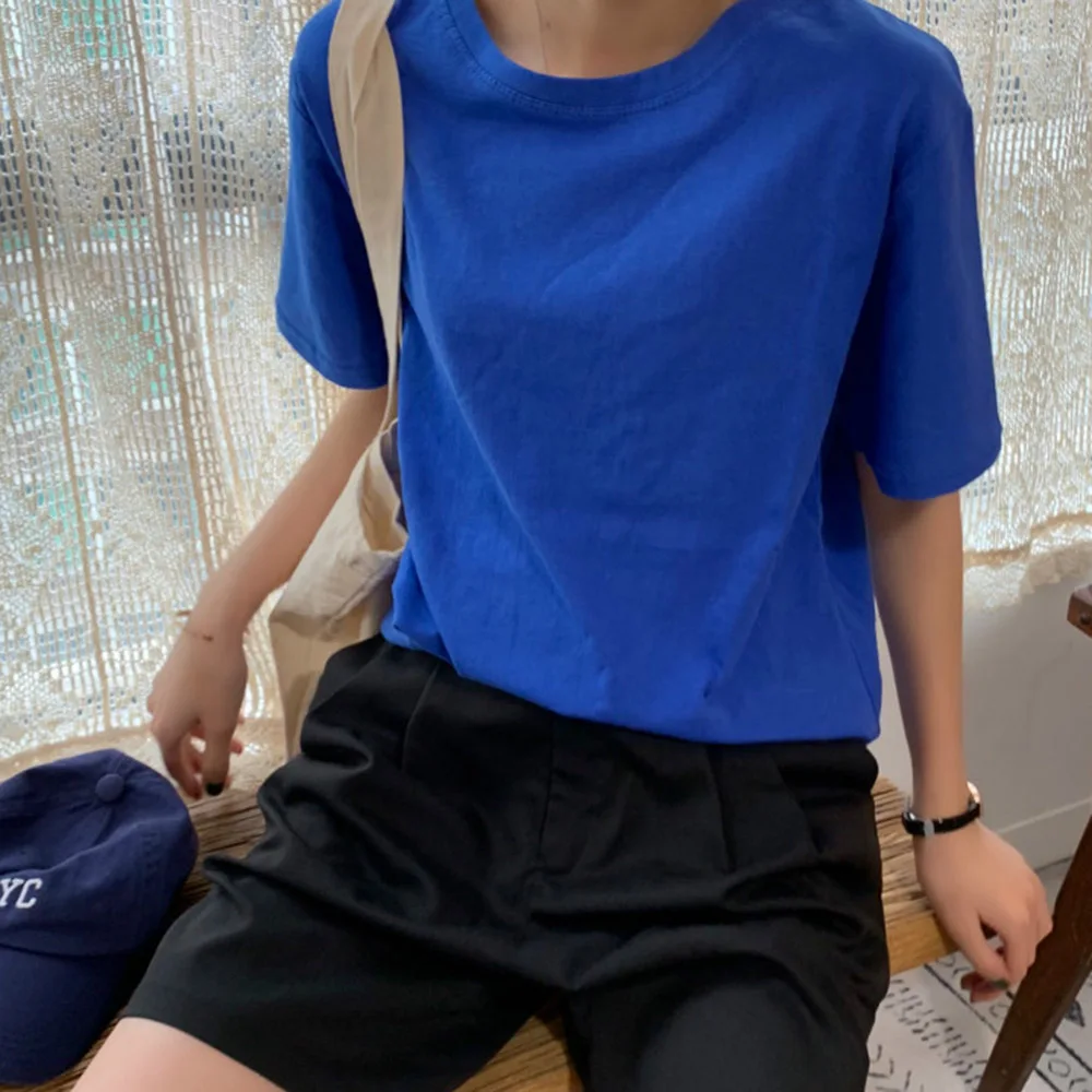 

Japan Style T-Shirt 2021 Spring Summer Korean Fashion Temperament Casual Loose Simple Solid Color Round Neck Summer