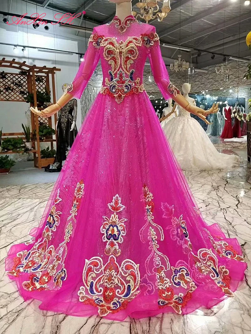 

Роскошное розовое кружевное платье принцессы AnXin SH с высокой горловиной, бисером, кристаллами, иллюзией, а-силуэт, три четверти, сверкающее с...