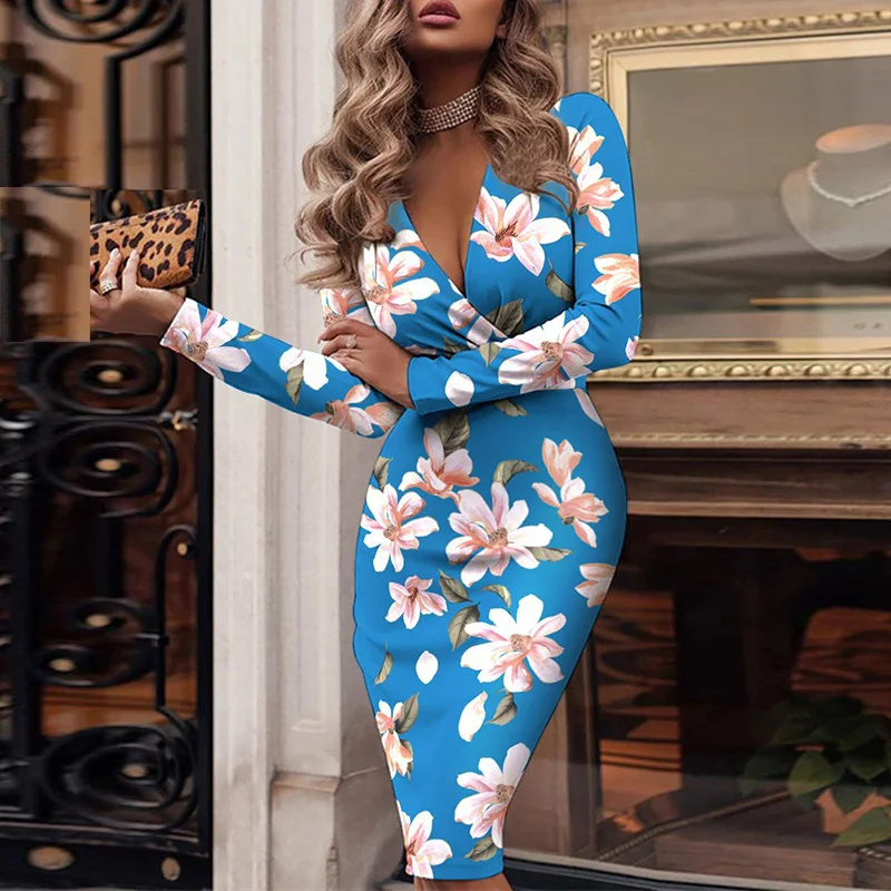 

Шикарное женское вечернее платье с V-образным вырезом и цветочным принтом, Осеннее повседневное облегающее платье с длинным рукавом, элеган...
