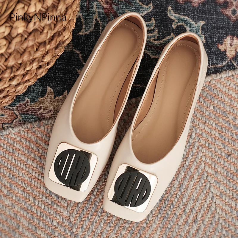 

new genuine leather women flat casual shoes slip on loafers shallow front metal tablet vacation holiday young ladies fashion