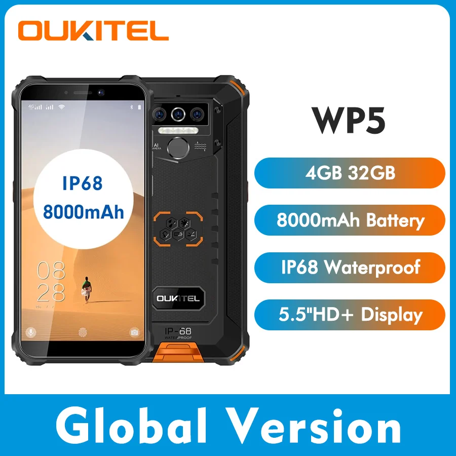 

Oukitel WP5 4GB 32GB 5.5''HD+ 18:9 IP68&IP69 Waterproof Android 9.0 Quad Core 13MP MT6761 8000mAh Tri-proof 5V/2A Mobile Phone