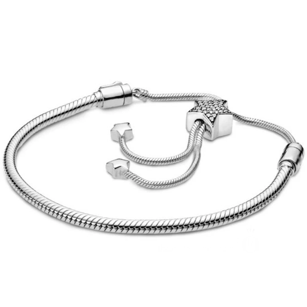 

2021 New 925 Sterling Silver Moments Rose Shine Sliding Pave Star Heart Clasp Snake Chain Slider Bracelet DIY Jewelry For Women
