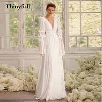 thinyfull v neck a line long wedding dresses 2021 long flare sleeves beach bride bridal party gowns princess robes vestidos
