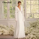 Женское длинное свадебное платье Thinyfull, ТРАПЕЦИЕВИДНОЕ ПЛАТЬЕ С V-образным вырезом и длинными расклешенными рукавами, пляжное платье невесты для свадебной вечеринки, 2021